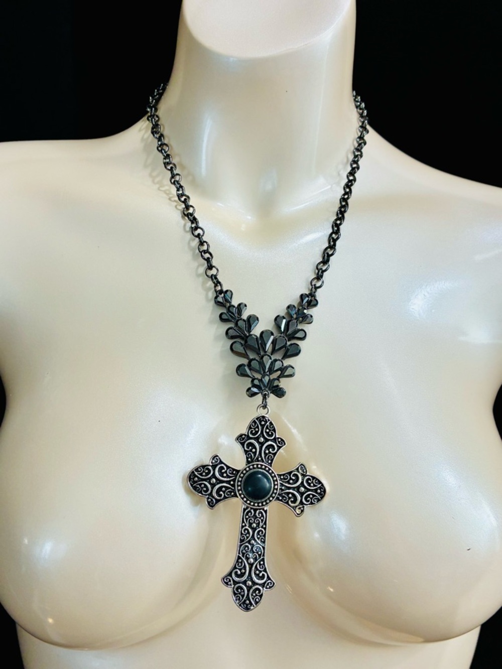 Source Unknown Black Filigree Cross Pendant Necklace with Dark Center